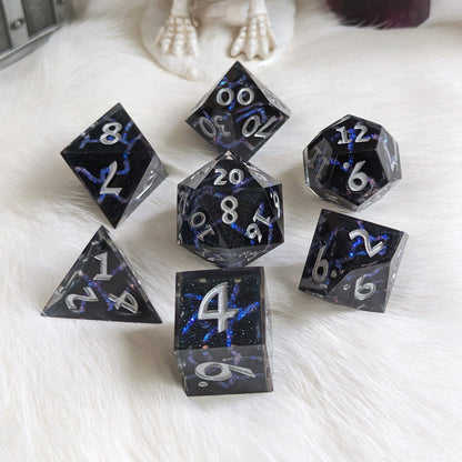 Blue Lightning Dice Set – 7 - Piece Electric Storm DnD Dice - Fennek and Finch