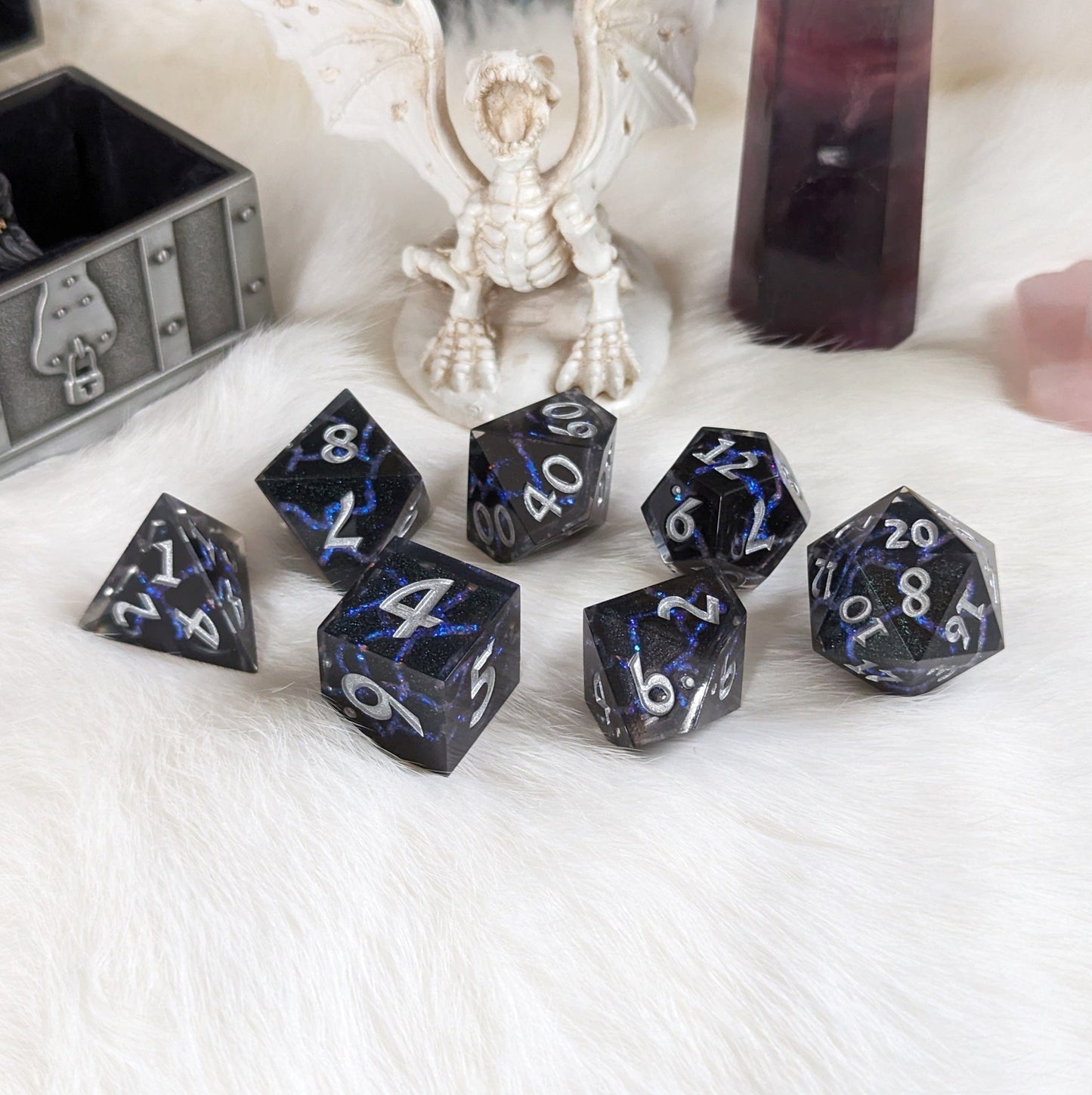 Blue Lightning Dice Set – 7 - Piece Electric Storm DnD Dice - Fennek and Finch