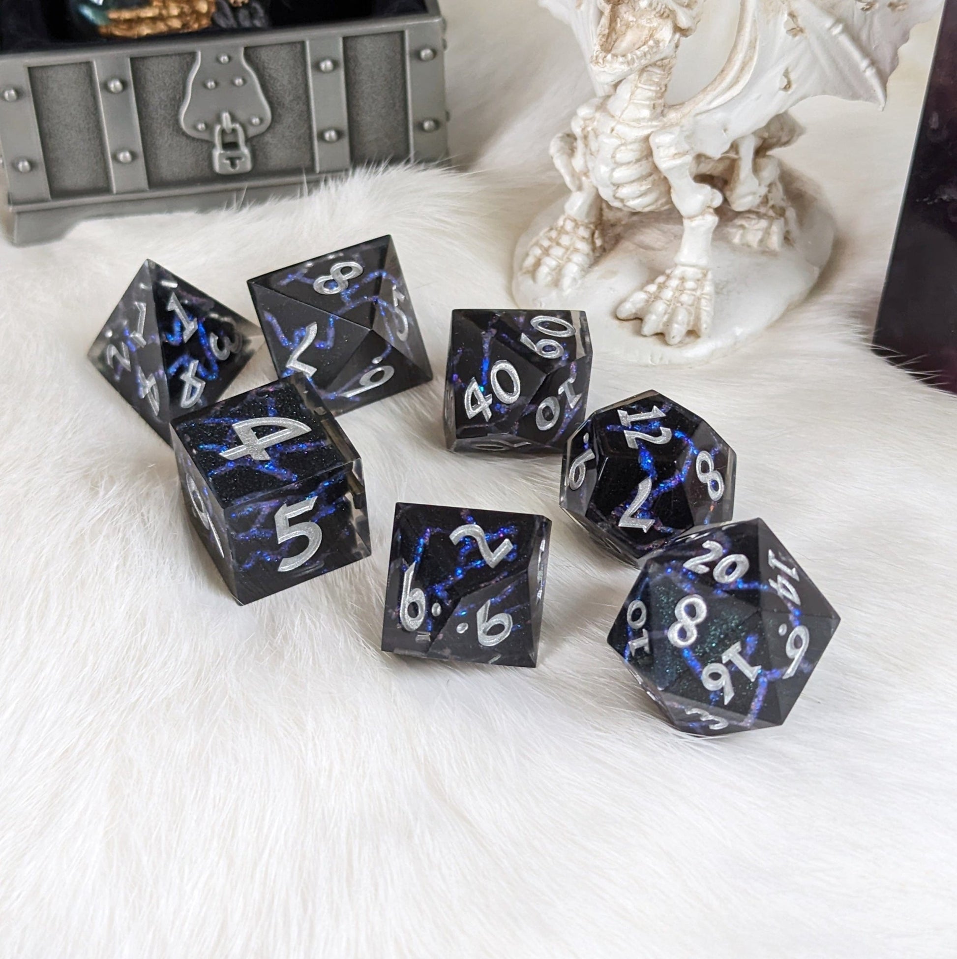 Blue Lightning Dice Set – 7 - Piece Electric Storm DnD Dice - Fennek and Finch