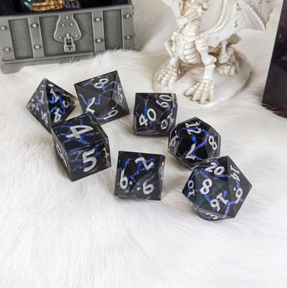 Blue Lightning Dice Set – 7 - Piece Electric Storm DnD Dice - Fennek and Finch
