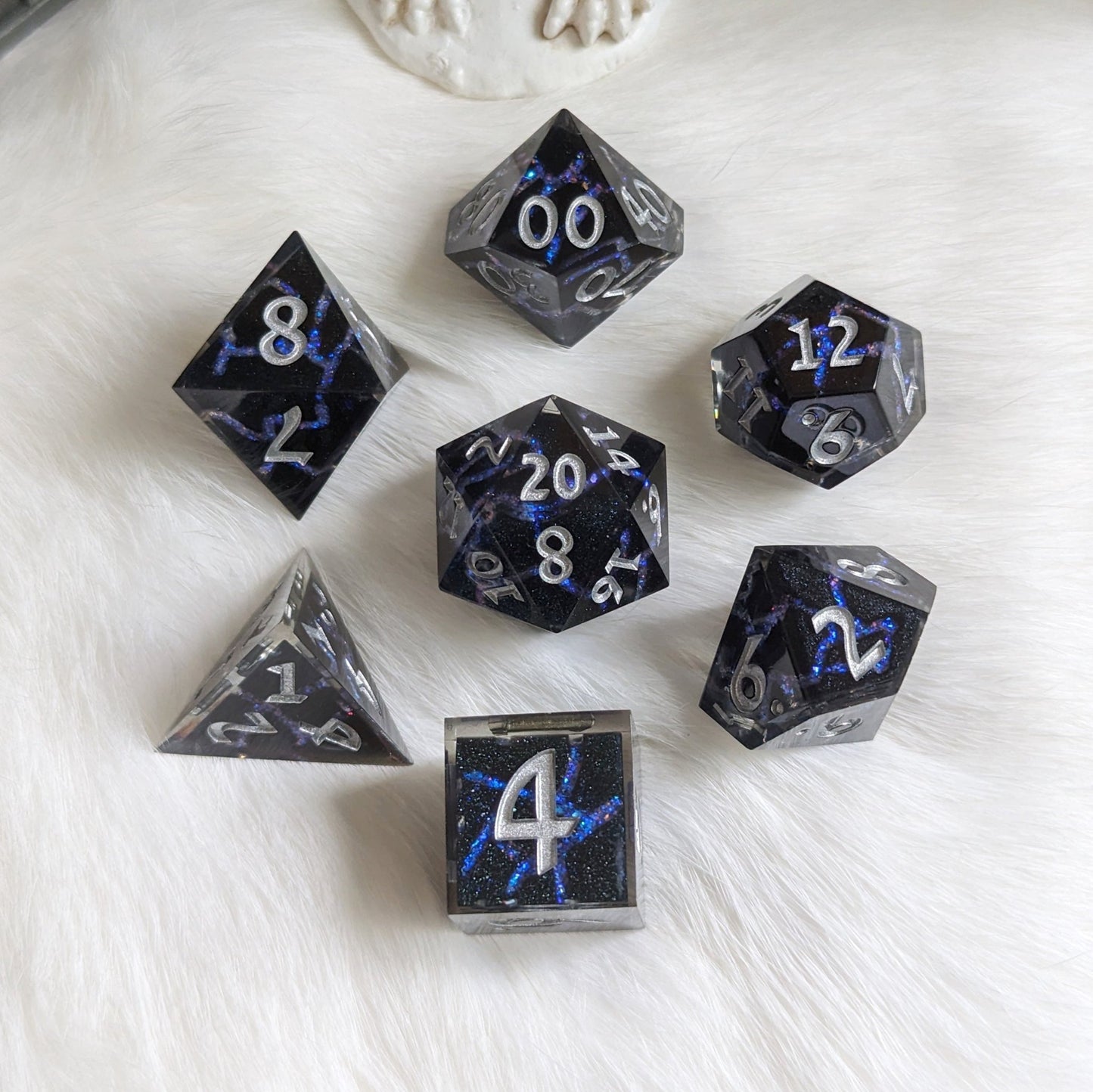 Blue Lightning Dice Set – 7 - Piece Electric Storm DnD Dice - Fennek and Finch
