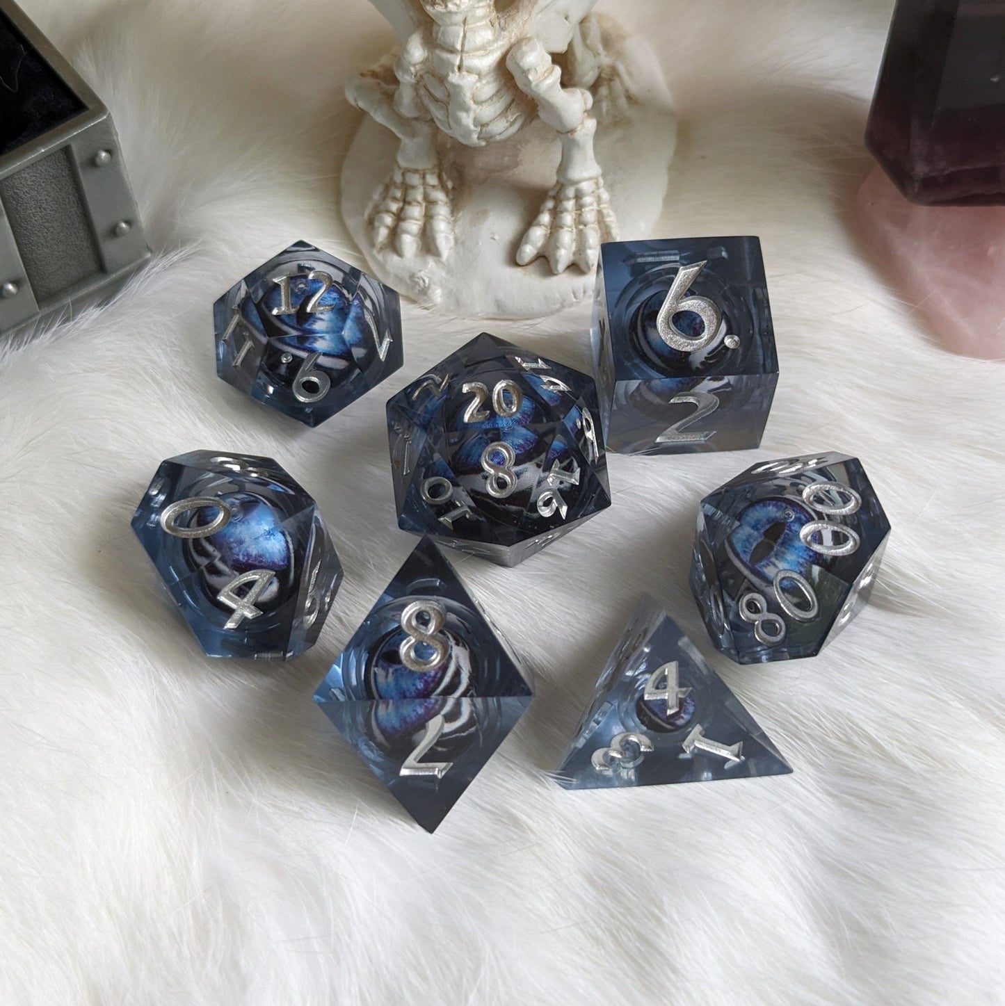 Blue White Moving Eye Liquid Core Sharp Edge Dice Set – 7 - Piece Watching DnD - Fennek and Finch