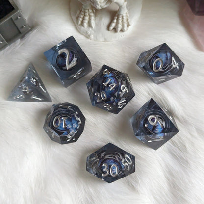 Blue White Moving Eye Liquid Core Sharp Edge Dice Set – 7 - Piece Watching DnD - Fennek and Finch