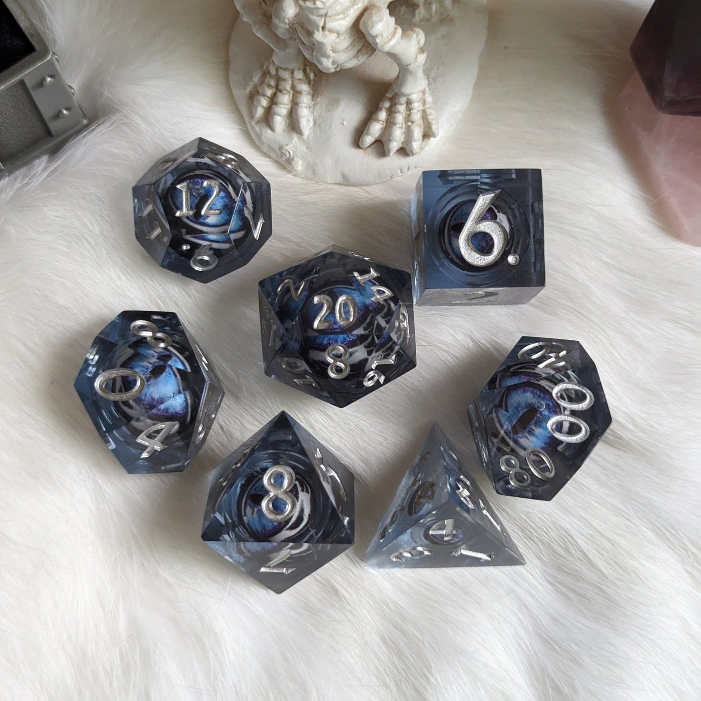 Blue White Moving Eye Liquid Core Sharp Edge Dice Set – 7 - Piece Watching DnD - Fennek and Finch