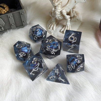 Blue White Moving Eye Liquid Core Sharp Edge Dice Set – 7 - Piece Watching DnD - Fennek and Finch