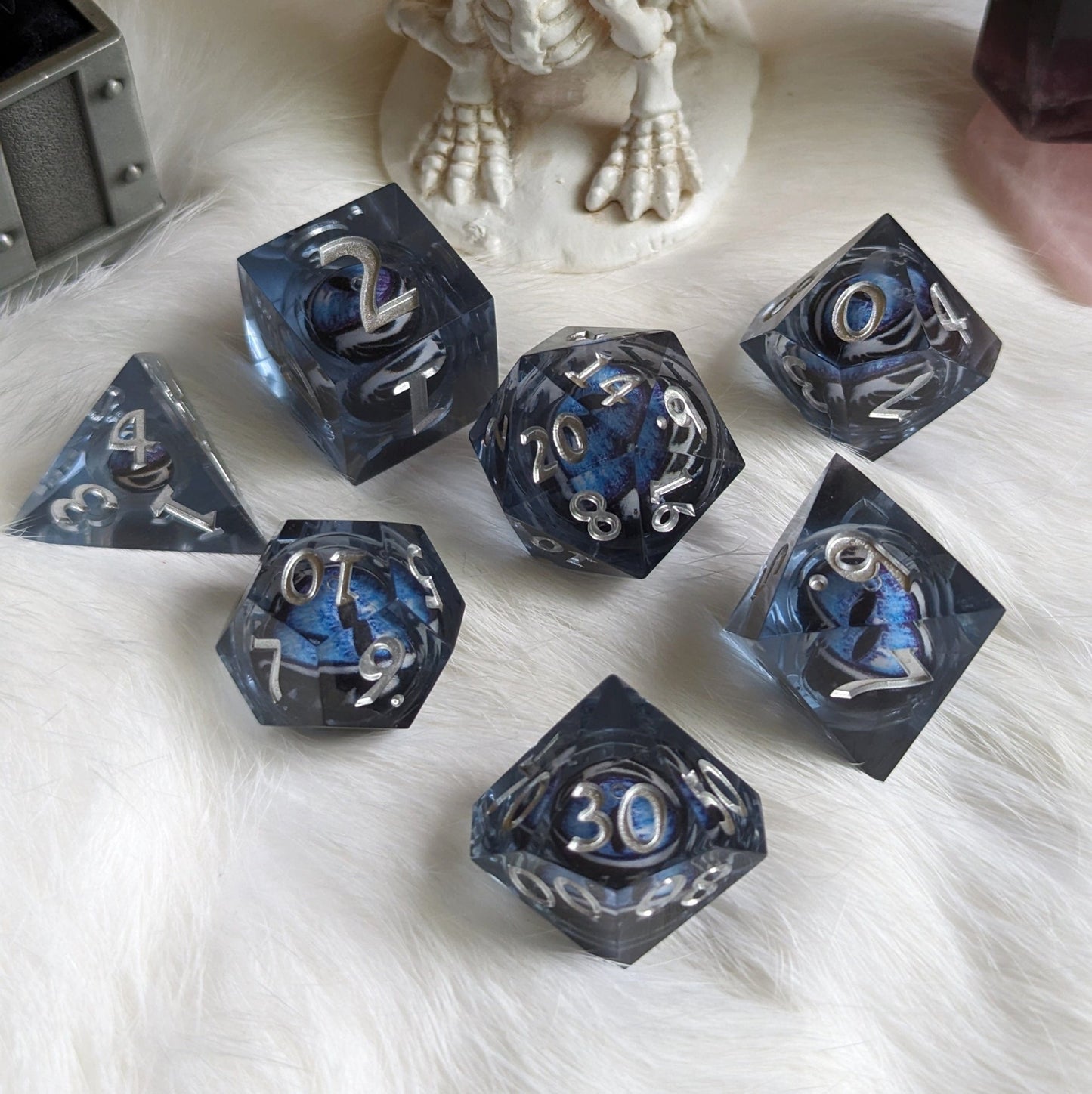 Blue White Moving Eye Liquid Core Sharp Edge Dice Set – 7 - Piece Watching DnD - Fennek and Finch