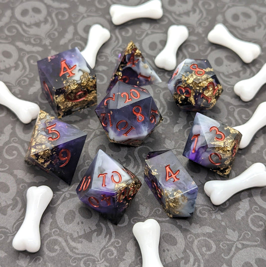 Bone Empress Dice Set – 7-Piece Purple White Swirled DnD Dice | Fennek & Finch Dice Sets & Games Fennek and Finch