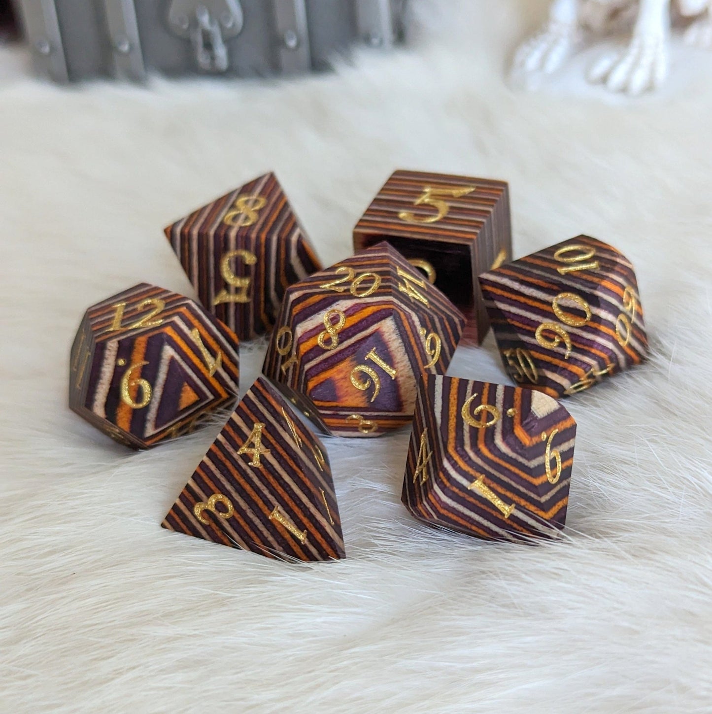 Brown and Orange Stripe Wood Dice Set – 7 - Piece Layered Wooden DnD Dice | Fennek & Finch - Fennek and Finch