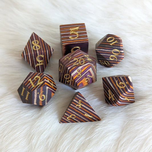 Brown and Orange Stripe Wood Dice Set – 7 - Piece Layered Wooden DnD Dice | Fennek & Finch - Fennek and Finch