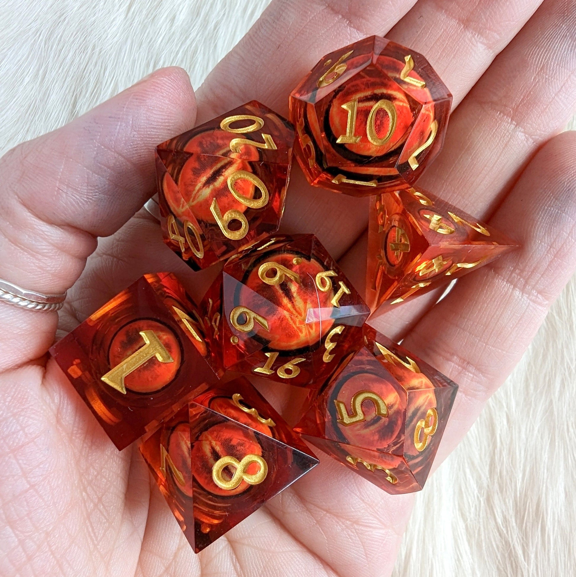 Burning Moving Eye Liquid Core Sharp Edge Resin DnD Dice Set