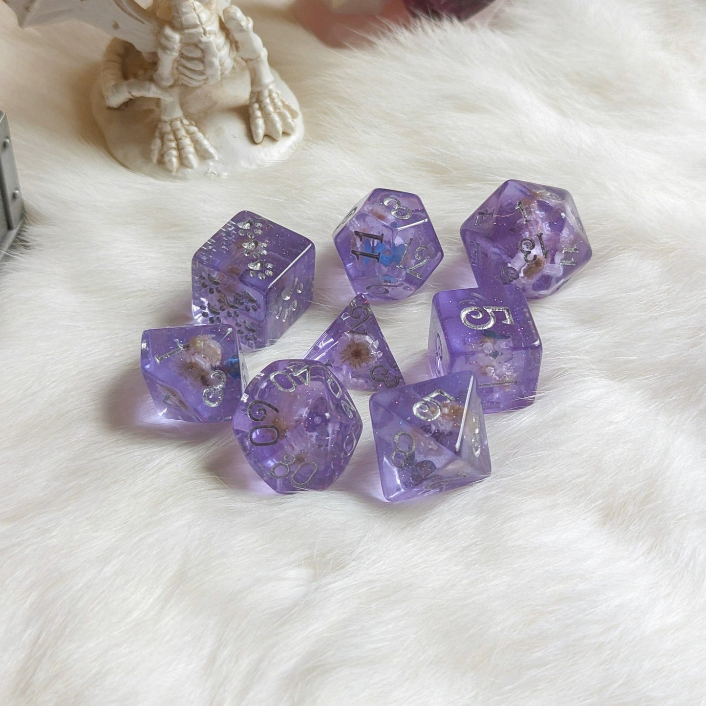 Butterfly Dice Set – 8-Piece Blue Butterfly White Flower DnD Dice with Paw D6 | Fennek & Finch Dice sets Fennek and Finch