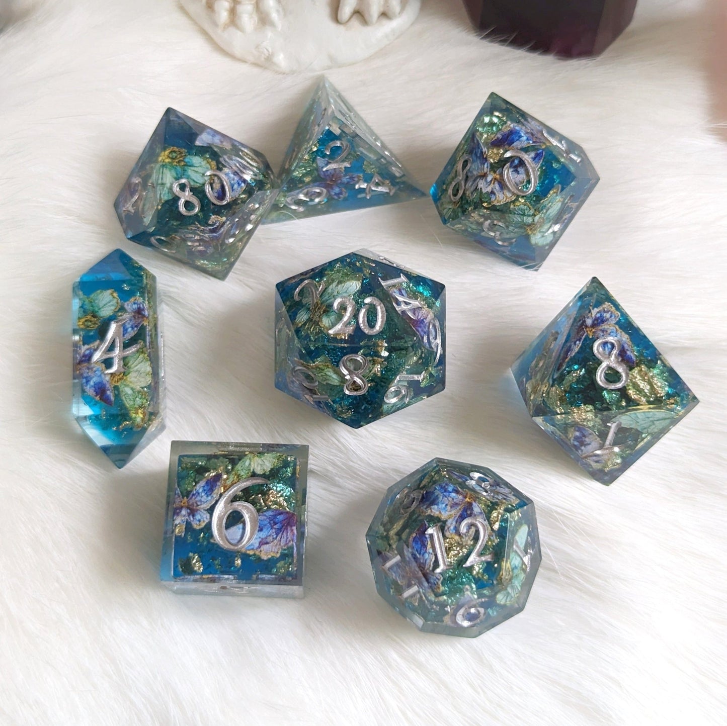 Butterfly Realm Dice Set – 8 - Piece Blue Butterfly DnD Dice with Crystal D4 | Fennek & Finch - Fennek and Finch