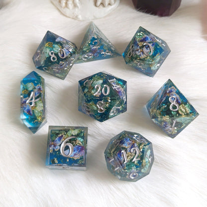 Butterfly Realm Dice Set – 8 - Piece Blue Butterfly DnD Dice with Crystal D4 | Fennek & Finch - Fennek and Finch