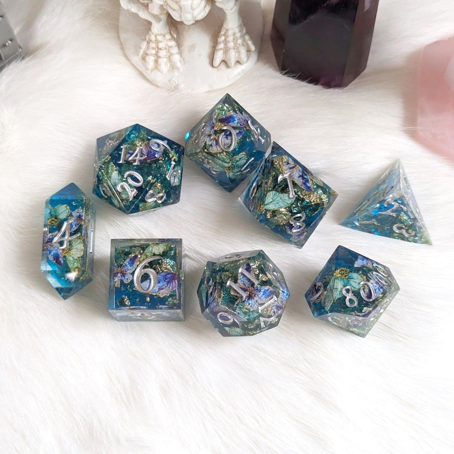 Butterfly Realm Dice Set – 8 - Piece Blue Butterfly DnD Dice with Crystal D4 | Fennek & Finch - Fennek and Finch