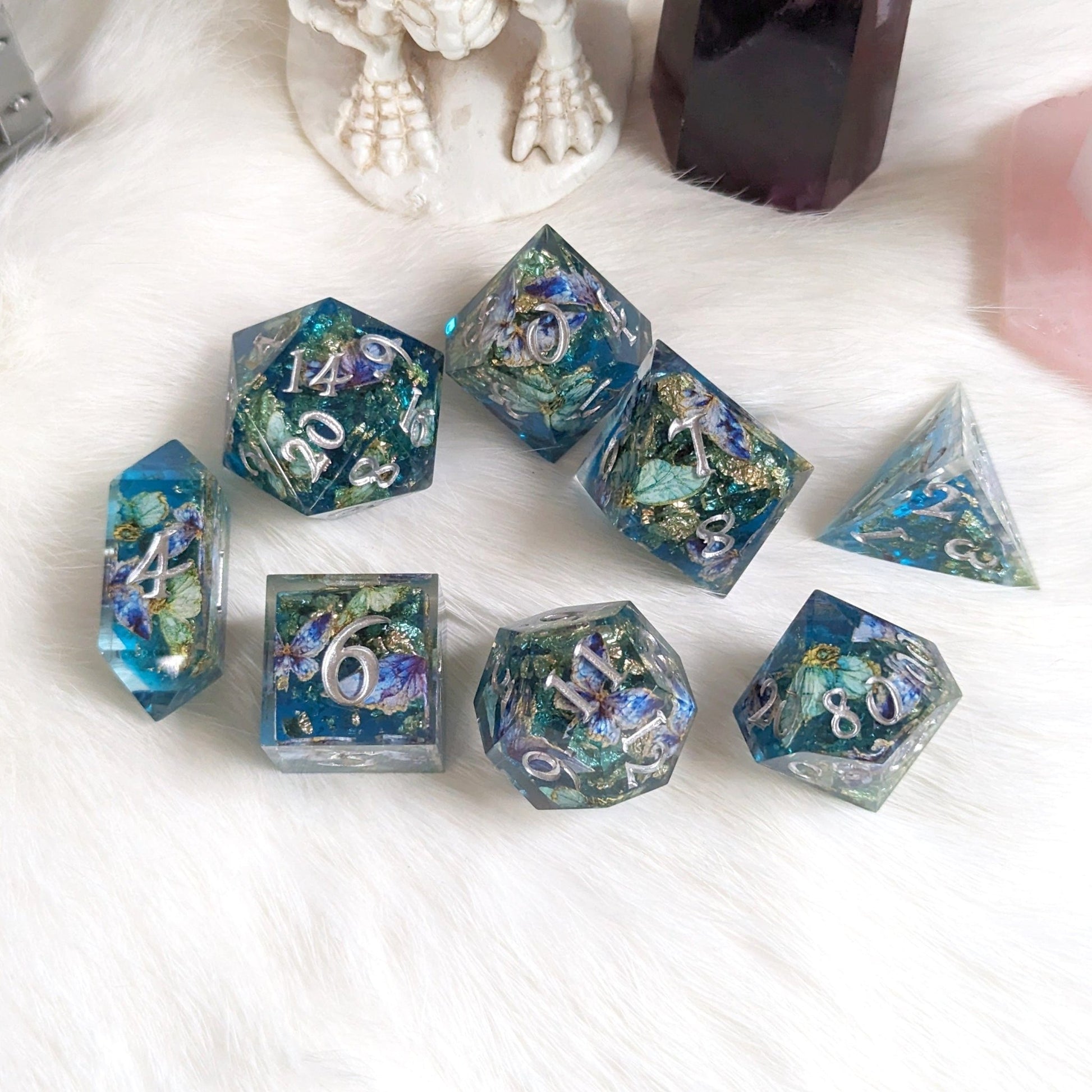 Butterfly Realm Dice Set – 8 - Piece Blue Butterfly DnD Dice with Crystal D4 | Fennek & Finch - Fennek and Finch
