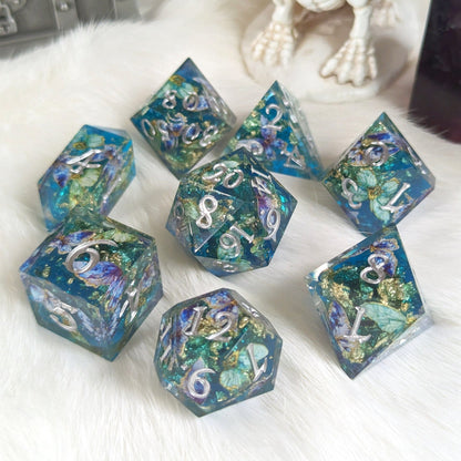 Butterfly Realm Dice Set – 8 - Piece Blue Butterfly DnD Dice with Crystal D4 | Fennek & Finch - Fennek and Finch