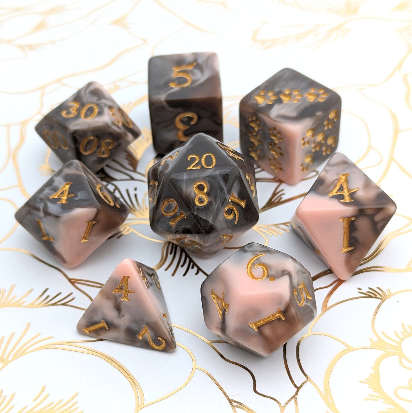 Caramel Macchiato Dice Set with chocolate resin, featuring 8 TTRPG dice in rich brown and caramel swirls with gold numbers.