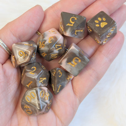 Caramel Macchiato Dice Set. 8 Piece Chocolate Resin TTRPG Dice Set