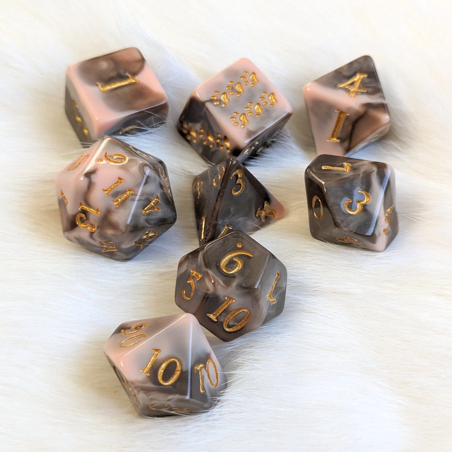 Caramel Macchiato Dice Set. 8 Piece Chocolate Resin TTRPG Dice Set