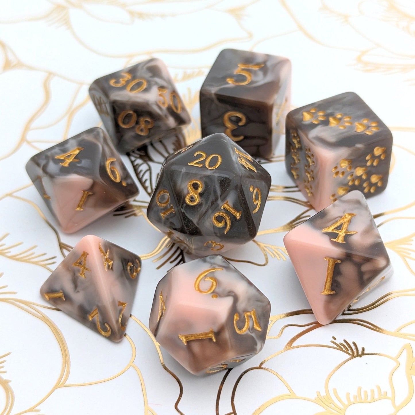 Caramel Macchiato Dice Set. 8 Piece Chocolate Resin TTRPG Dice Set - Fennek and Finch