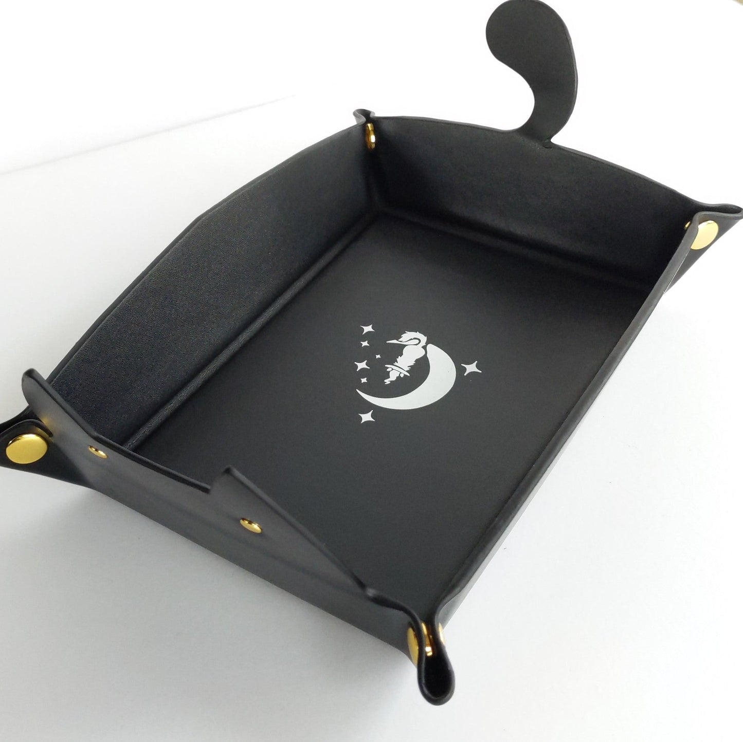 Cat Dice Tray in Black | Foldable PU Leather Rolling Tray for DnD - Fennek and Finch