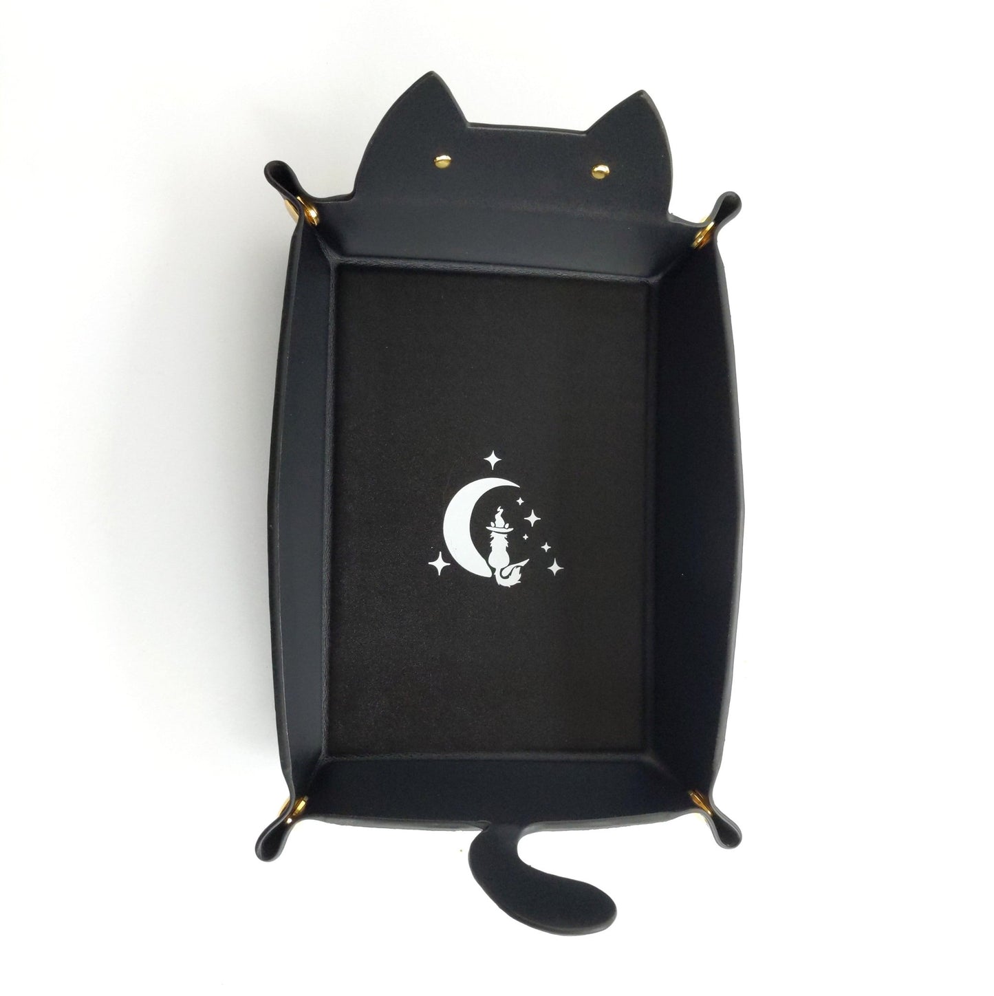 Cat Dice Tray in Black | Foldable PU Leather Rolling Tray for DnD - Fennek and Finch