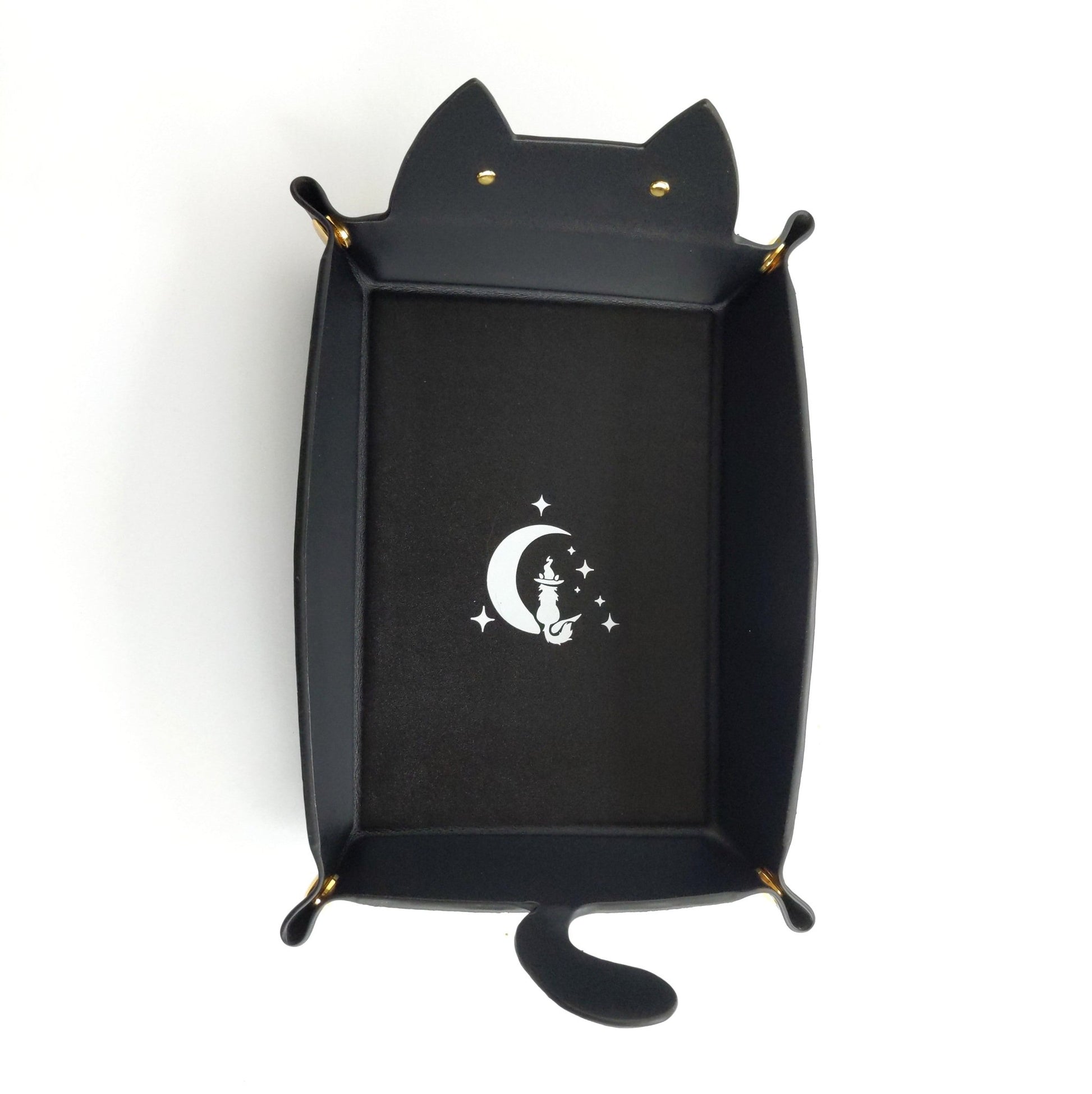 Cat Dice Tray in Black | Foldable PU Leather Rolling Tray for DnD - Fennek and Finch