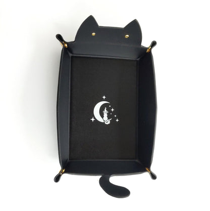 Cat Dice Tray in Black | Foldable PU Leather Rolling Tray for DnD - Fennek and Finch