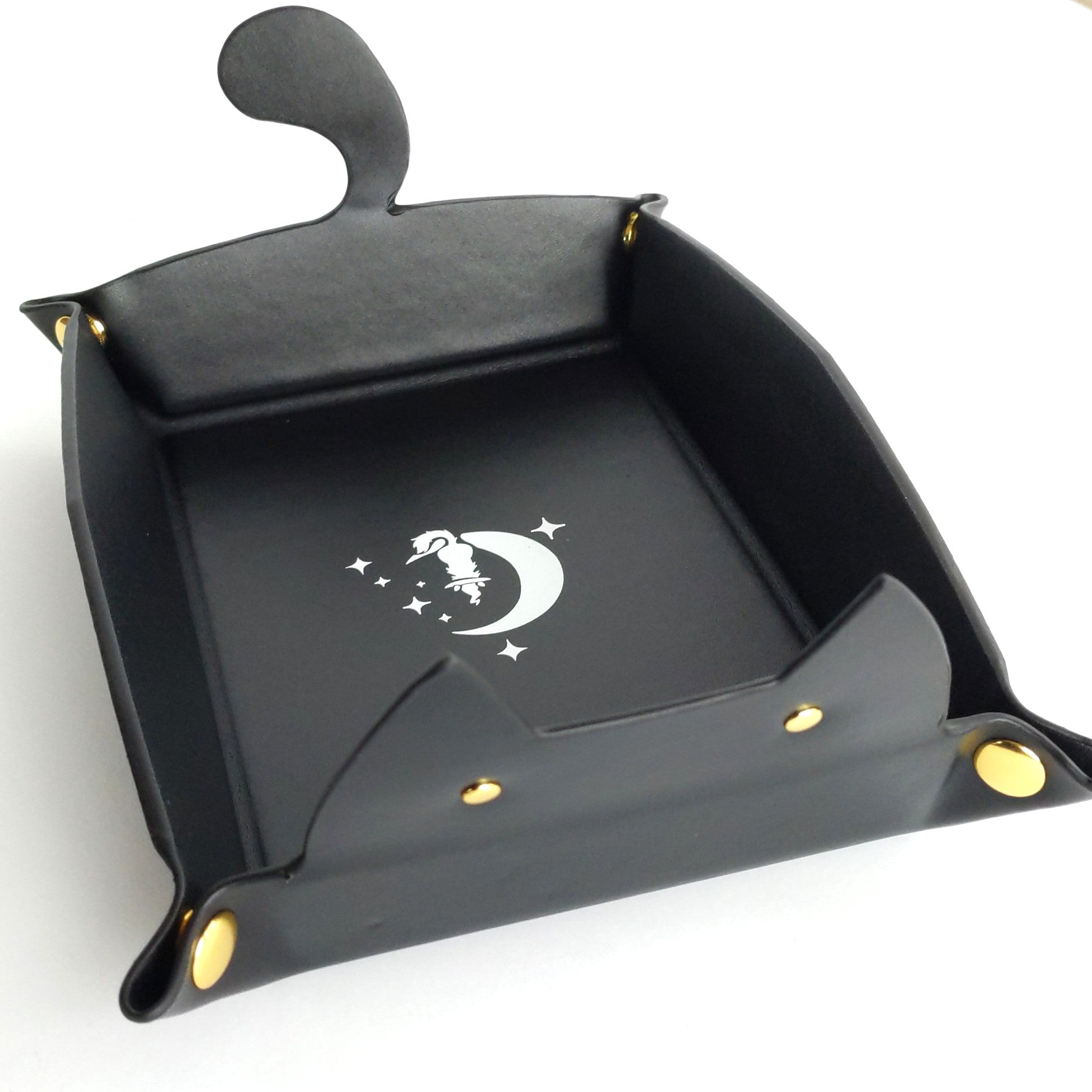 Cat Dice Tray in Black | Foldable PU Leather Rolling Tray for DnD - Fennek and Finch