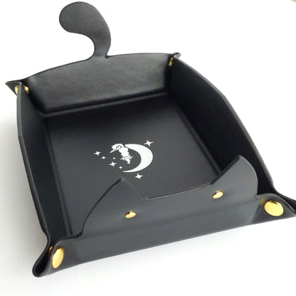 Cat Dice Tray in Black | Foldable PU Leather Rolling Tray for DnD - Fennek and Finch