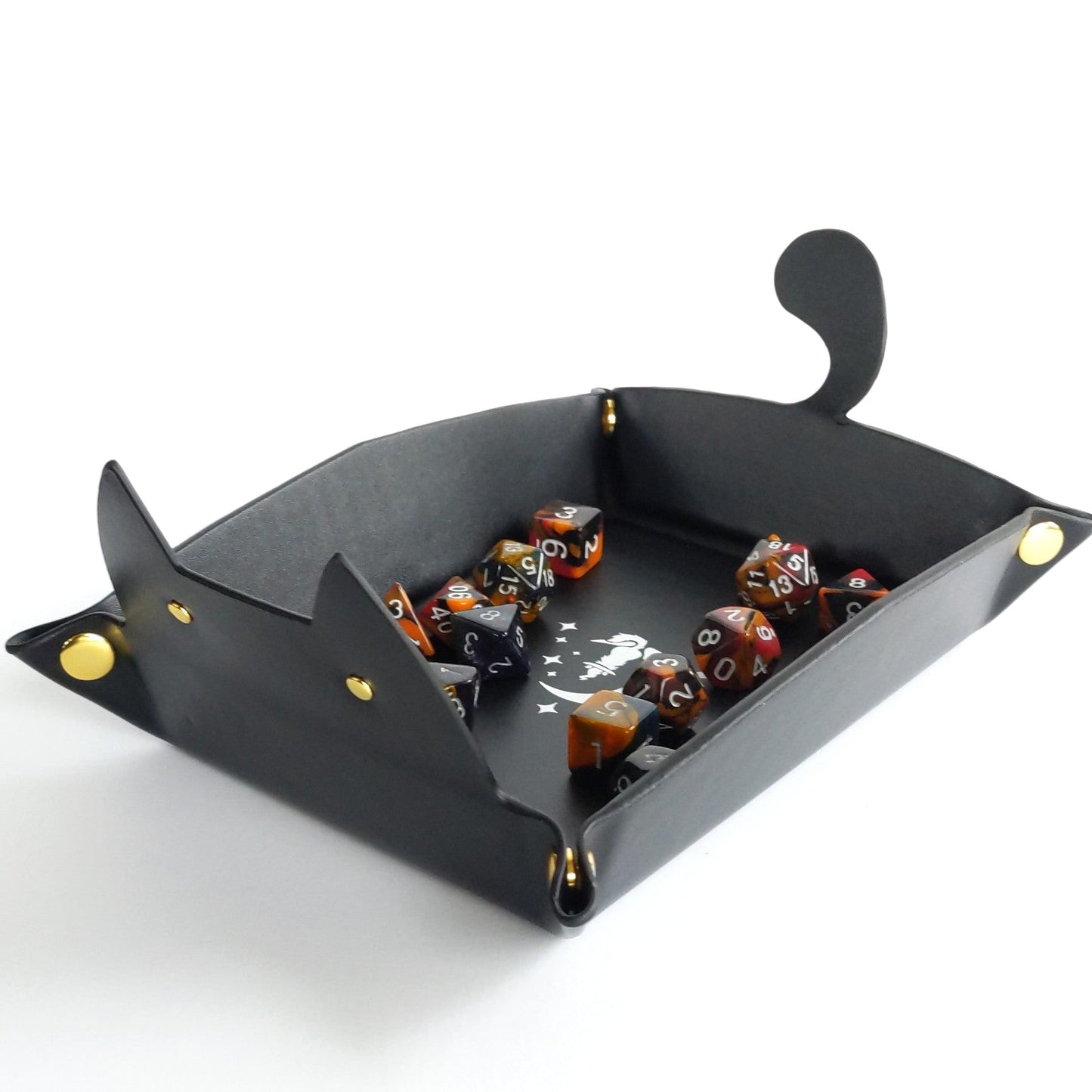 Cat Dice Tray in Black | Foldable PU Leather Rolling Tray for DnD - Fennek and Finch