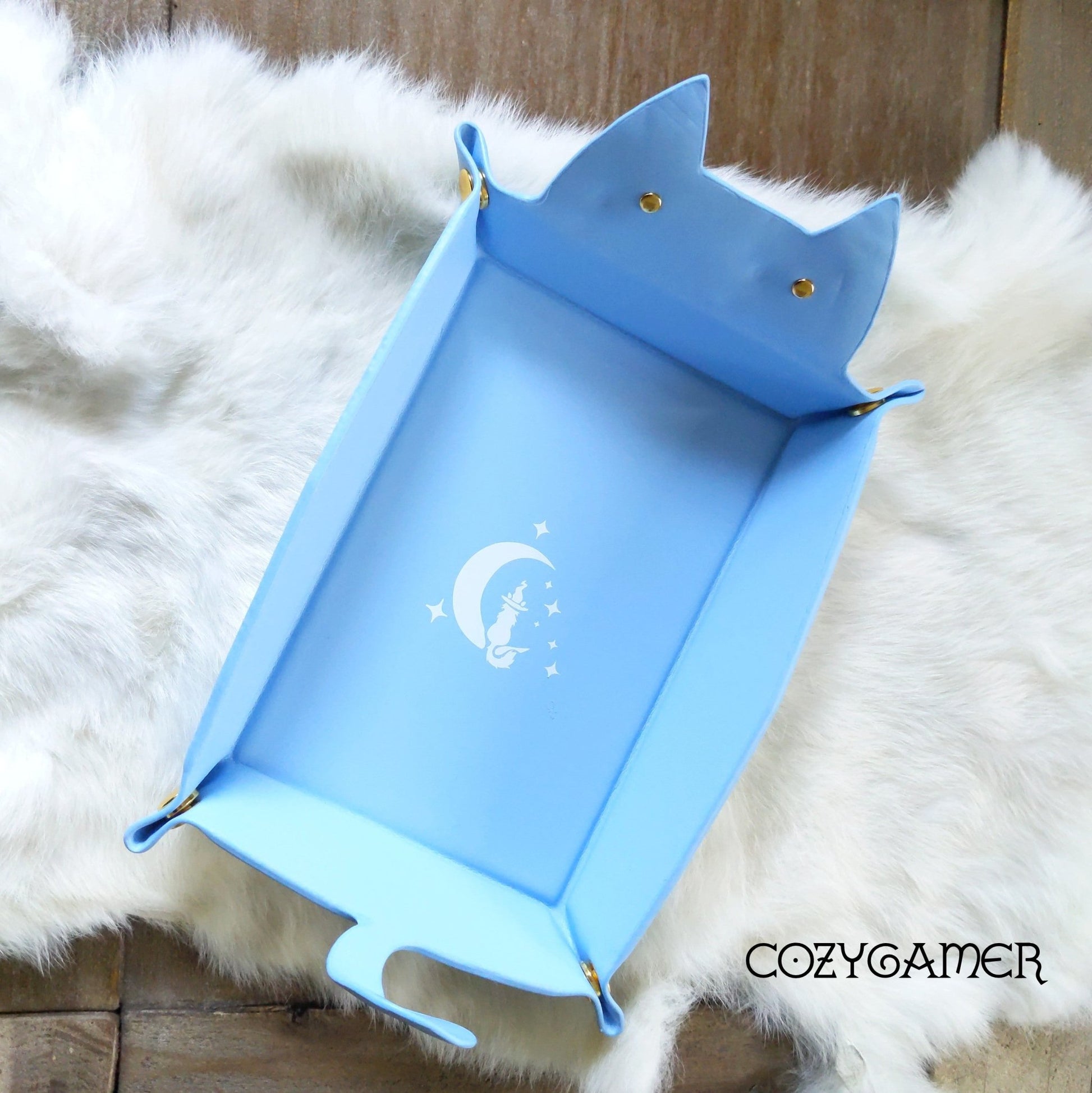 Cat Dice Tray in Light Blue | Foldable PU Leather Rolling Tray for DnD Dice Bags & Accessories Fennek & Finch