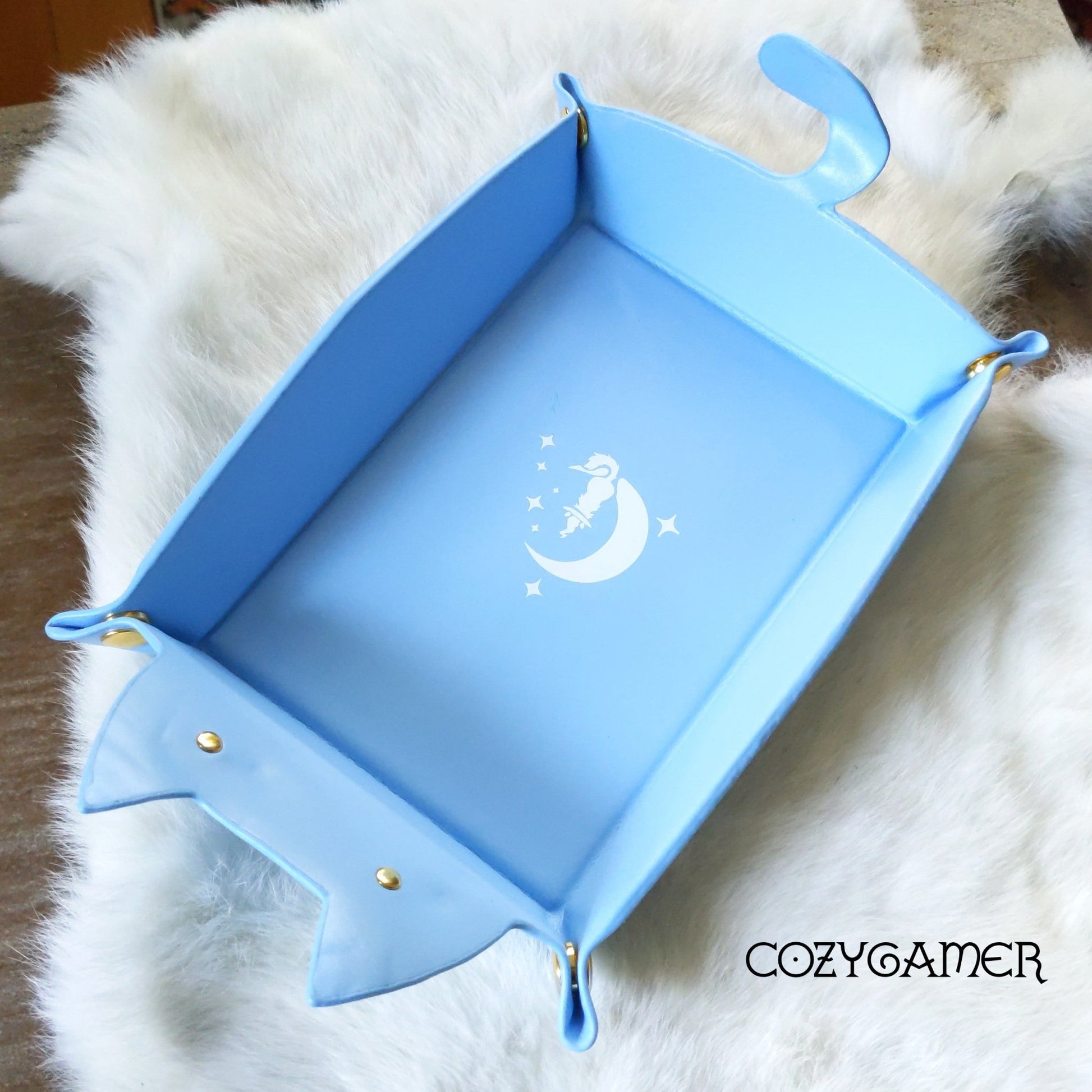 Cat Dice Tray in Light Blue | Foldable PU Leather Rolling Tray for DnD Dice Bags & Accessories Fennek & Finch