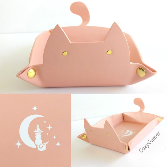 Cat Dice Tray in Light Pink | Foldable PU Leather Rolling Tray for DnD - Fennek and Finch