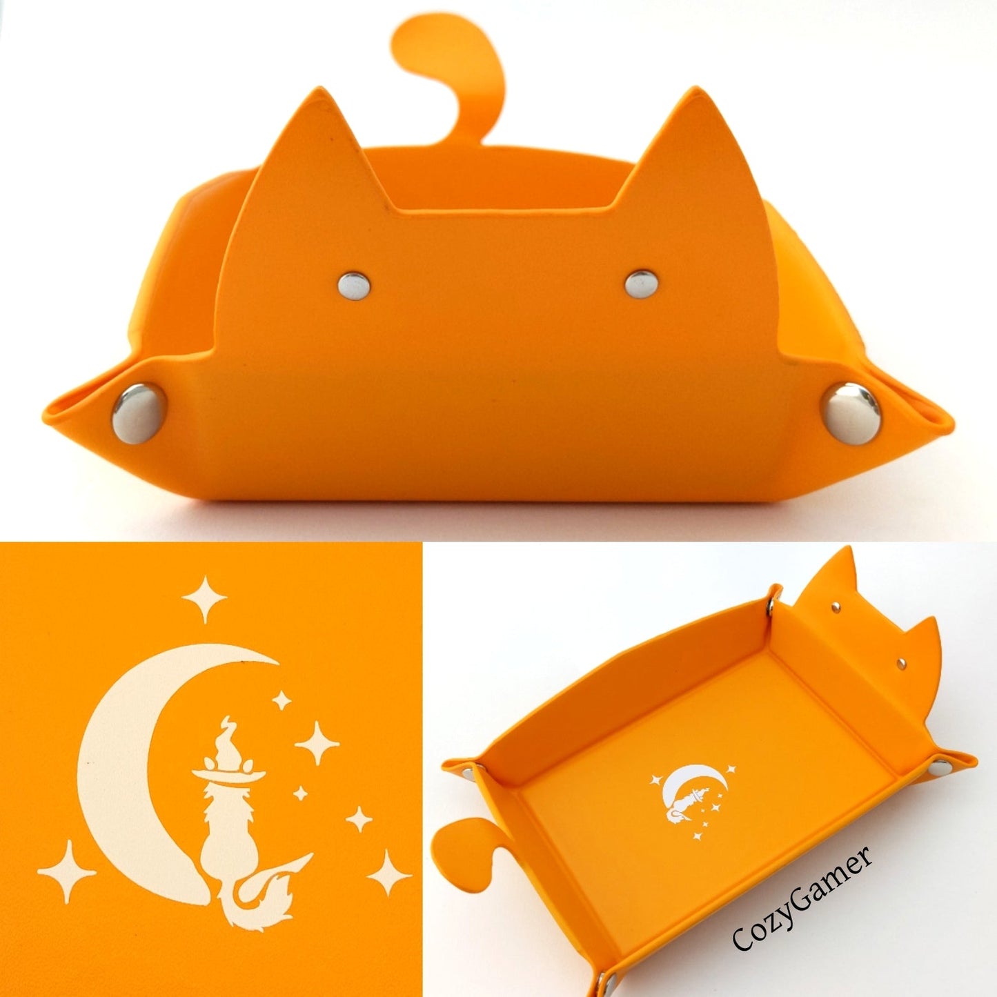 Cat Dice Tray in Orange | Foldable PU Leather Rolling Tray for DnD Dice Bags & Accessories Fennek & Finch