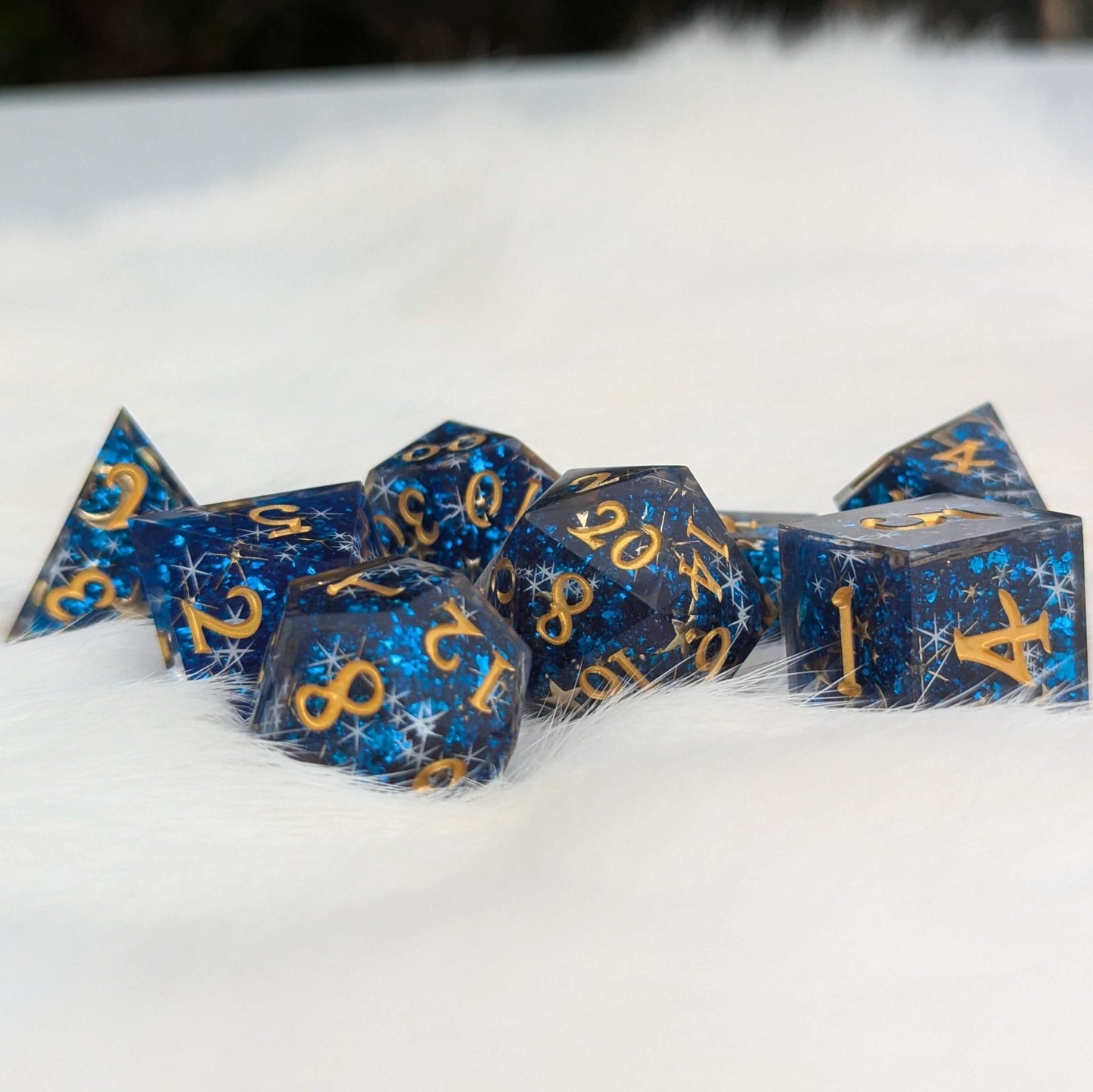 Celestial Dreams Dice Set – Sharp Edge Blue Star Moon DnD Dice | Fennek & Finch Dice Sets & Games Fennek and Finch