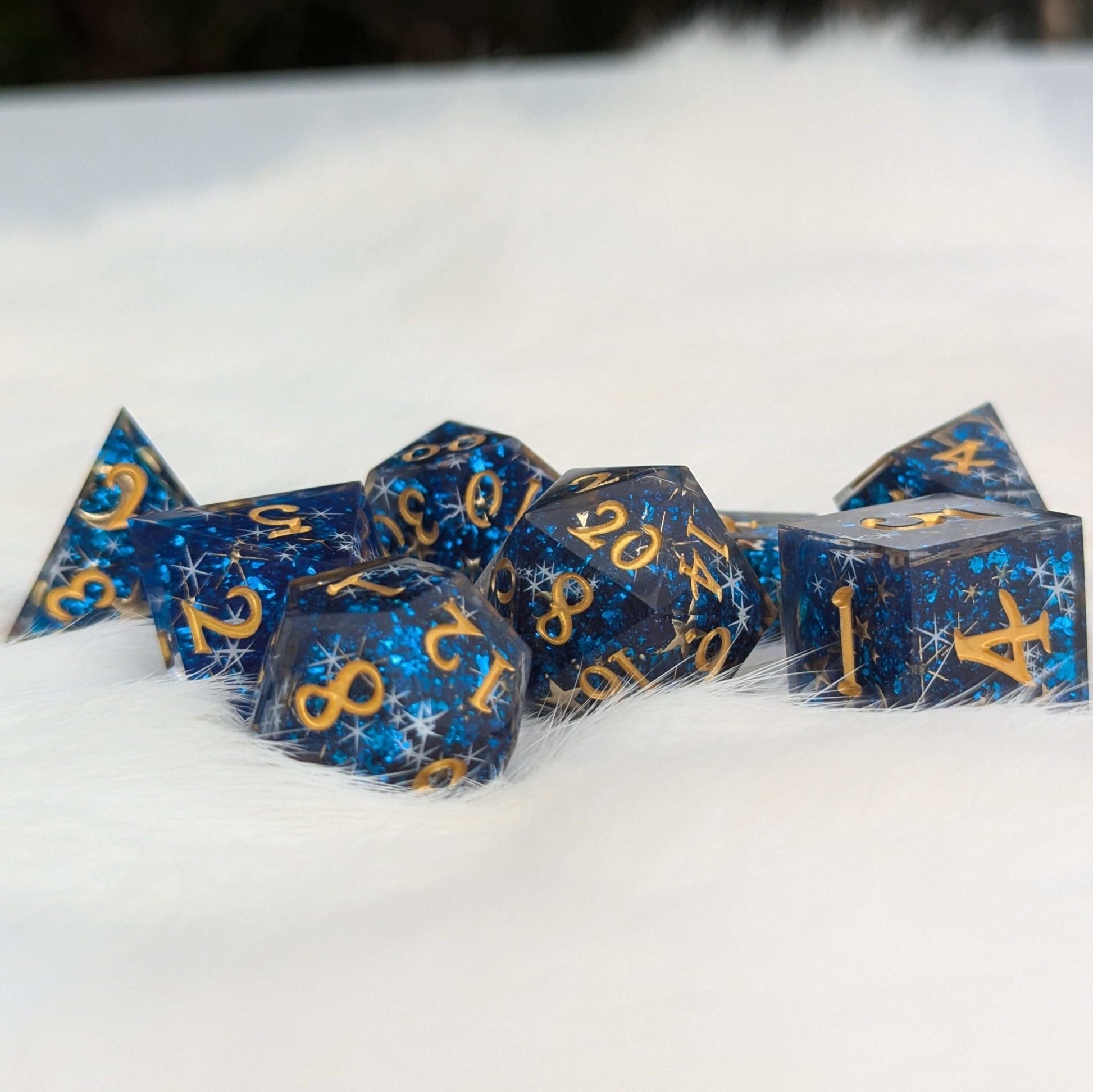 Celestial Dreams Dice Set – Sharp Edge Blue Star Moon DnD Dice | Fennek & Finch Dice Sets & Games Fennek and Finch