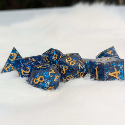 Celestial Dreams Dice Set – Sharp Edge Blue Star Moon DnD Dice | Fennek & Finch Dice Sets & Games Fennek and Finch