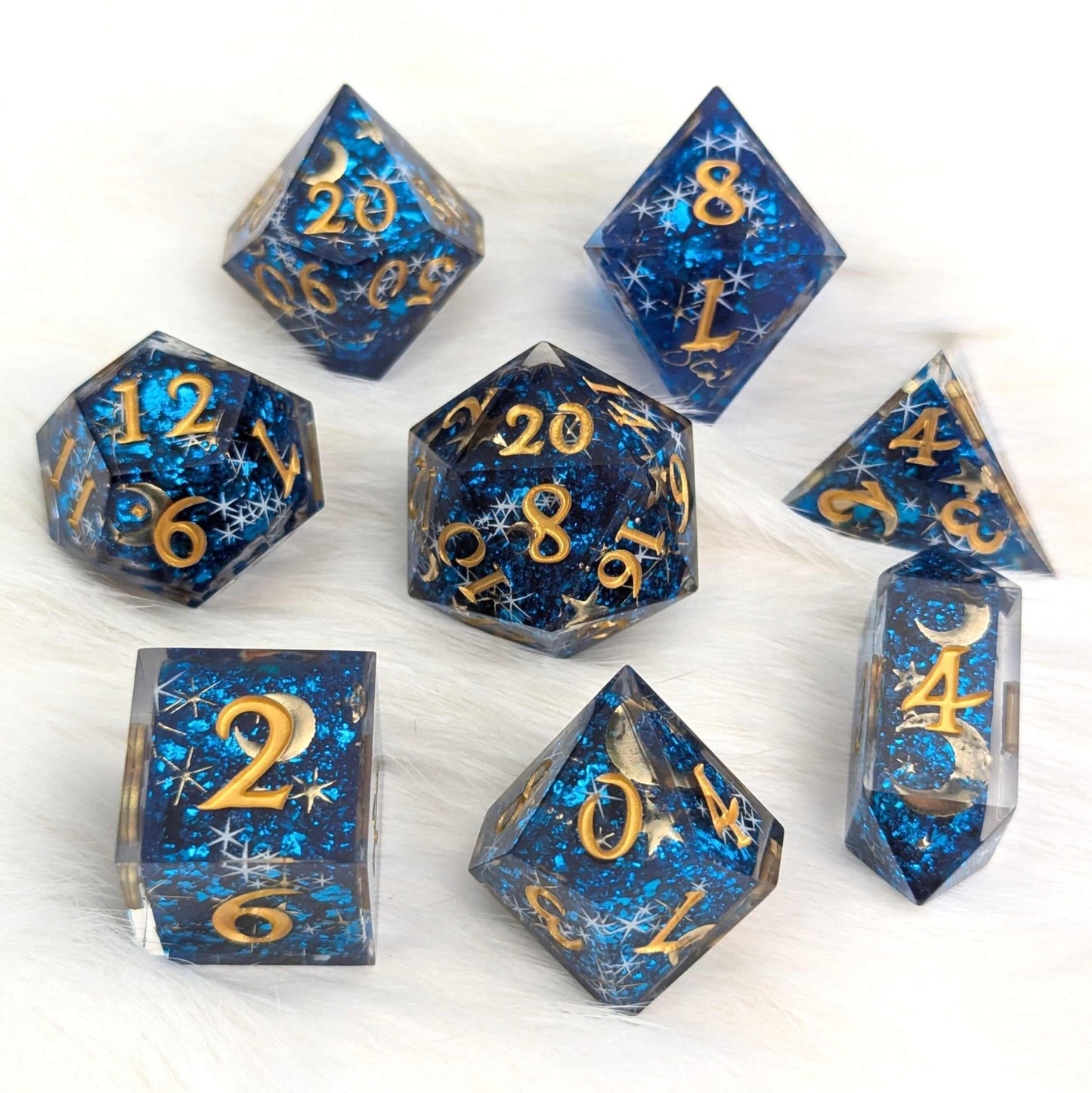 Celestial Dreams Dice Set – Sharp Edge Blue Star Moon DnD Dice | Fennek & Finch Dice Sets & Games Fennek and Finch
