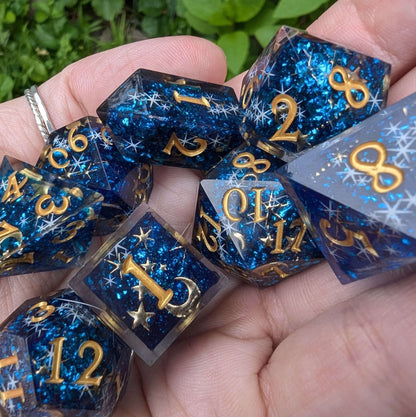 Celestial Dreams Dice Set – Sharp Edge Blue Star Moon DnD Dice | Fennek & Finch Dice Sets & Games Fennek and Finch