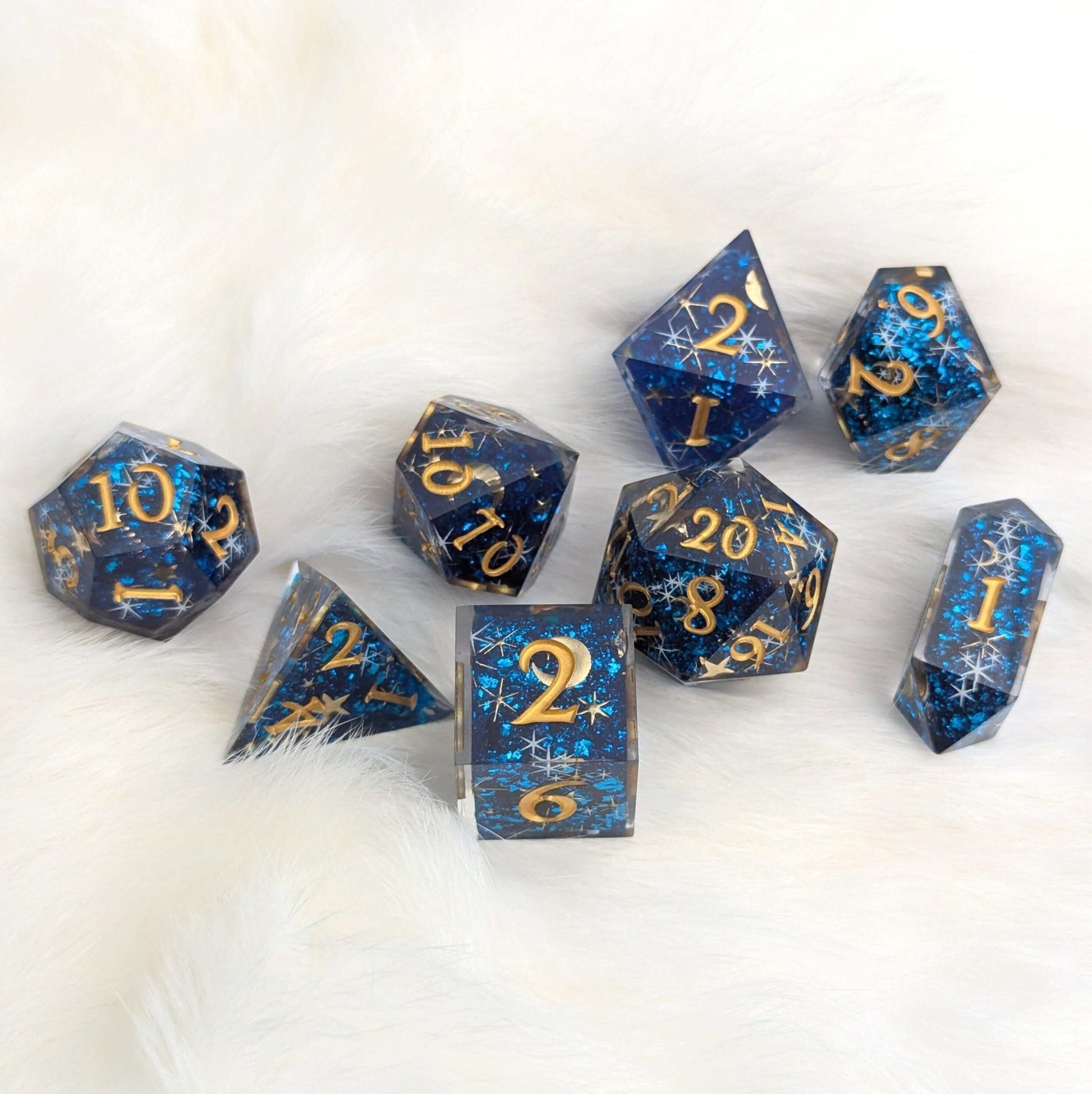 Celestial Dreams Dice Set – Sharp Edge Blue Star Moon DnD Dice | Fennek & Finch Dice Sets & Games Fennek and Finch