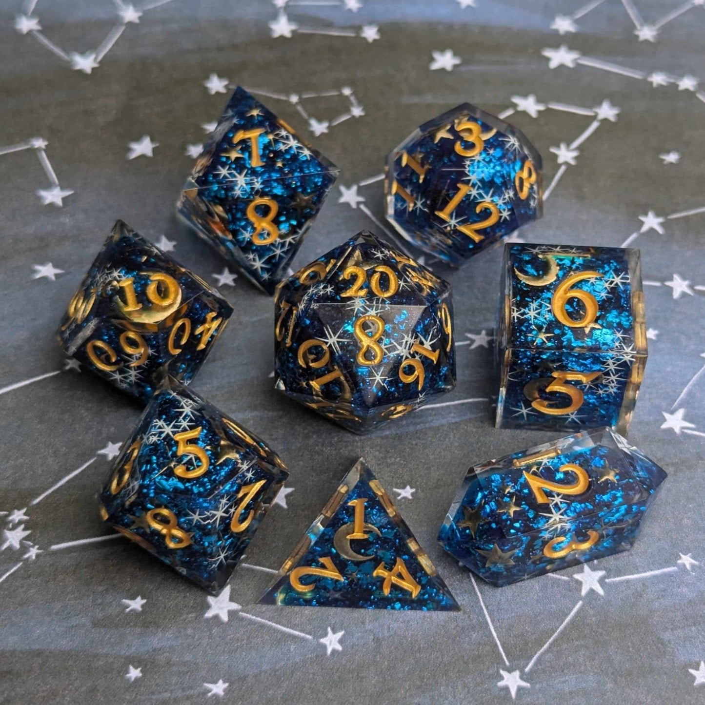 Celestial Dreams Dice Set – Sharp Edge Blue Star Moon DnD Dice | Fennek & Finch Dice Sets & Games Fennek and Finch