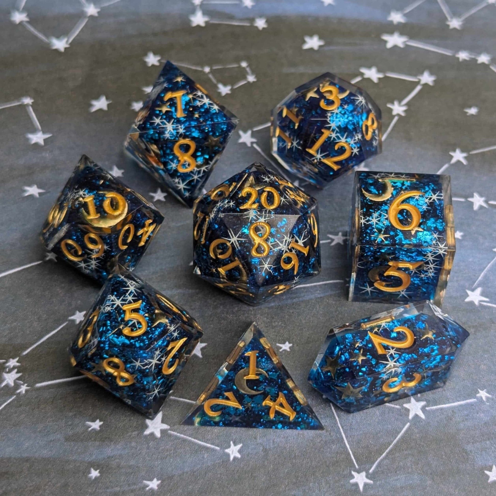 Celestial Dreams Dice Set – Sharp Edge Blue Star Moon DnD Dice | Fennek & Finch Dice Sets & Games Fennek and Finch
