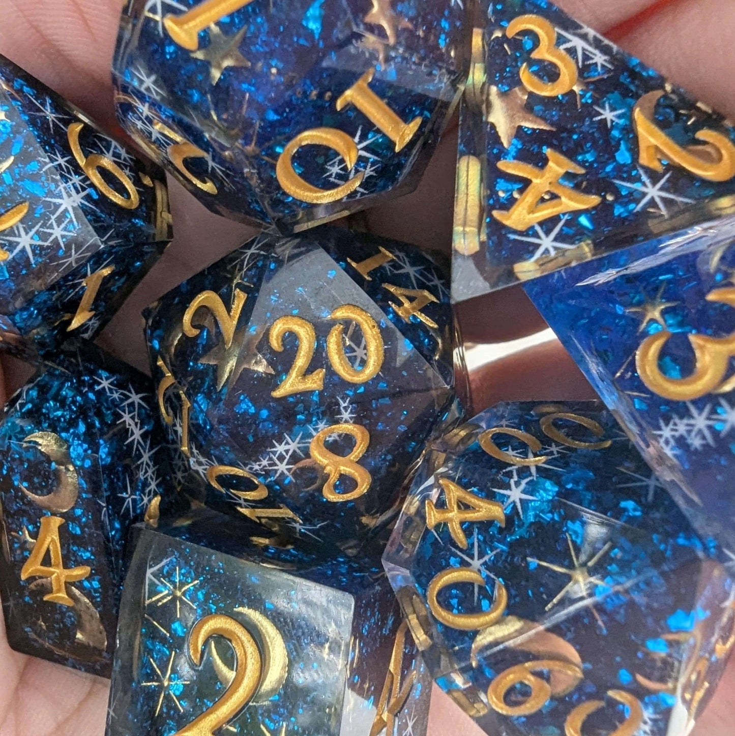 Celestial Dreams Dice Set – Sharp Edge Blue Star Moon DnD Dice | Fennek & Finch Dice Sets & Games Fennek and Finch