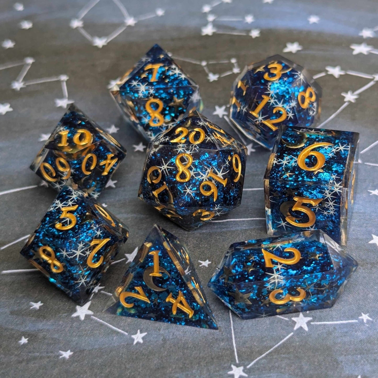 Celestial Dreams Dice Set – Sharp Edge Blue Star Moon DnD Dice | Fennek & Finch Dice Sets & Games Fennek and Finch