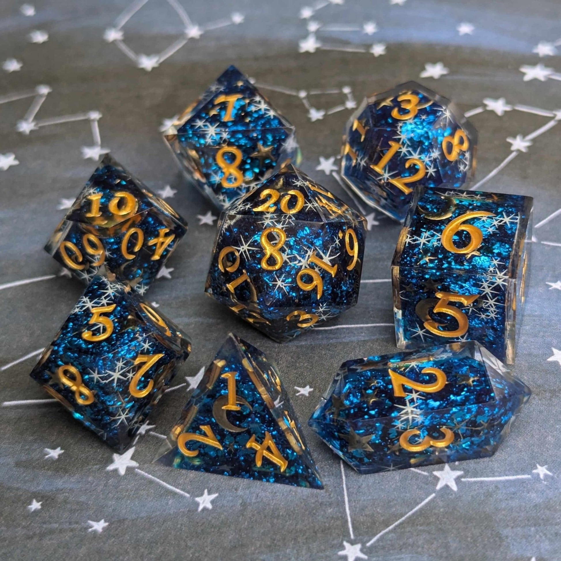 Celestial Dreams Dice Set – Sharp Edge Blue Star Moon DnD Dice | Fennek & Finch Dice Sets & Games Fennek and Finch