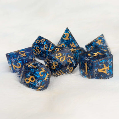 Celestial Dreams Dice Set – Sharp Edge Blue Star Moon DnD Dice | Fennek & Finch Dice Sets & Games Fennek and Finch