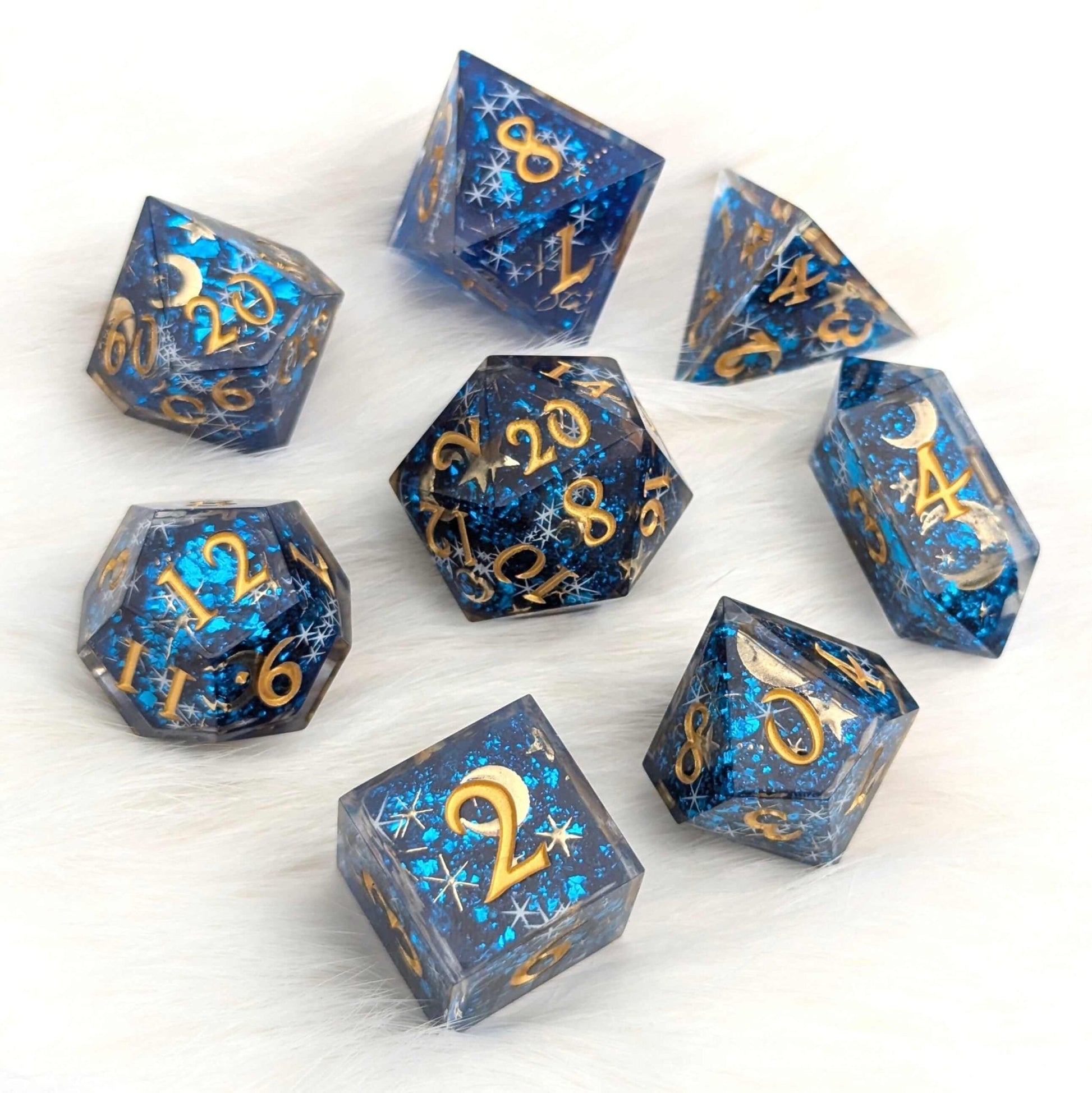 Celestial Dreams Dice Set – Sharp Edge Blue Star Moon DnD Dice | Fennek & Finch Dice Sets & Games Fennek and Finch