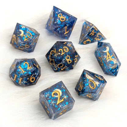 Celestial Dreams Dice Set – Sharp Edge Blue Star Moon DnD Dice | Fennek & Finch Dice Sets & Games Fennek and Finch