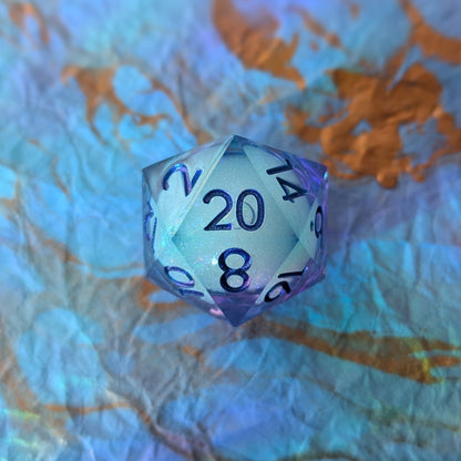Celestial Drift Liquid Core D20 – 1.5" Purple Blue Iridescent Micro - Glitter Die - Fennek and Finch